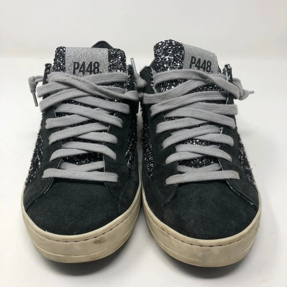 P448 John Shaka‎ Low Top Sneakers Womens 37 6.5 Black Tweed Lace Up Streetwear